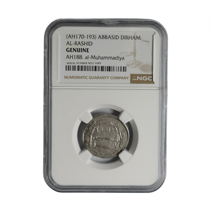 Abbasid Silver Dirham of Al-Rashid AH 170–193 - NGC Genuine (NG)