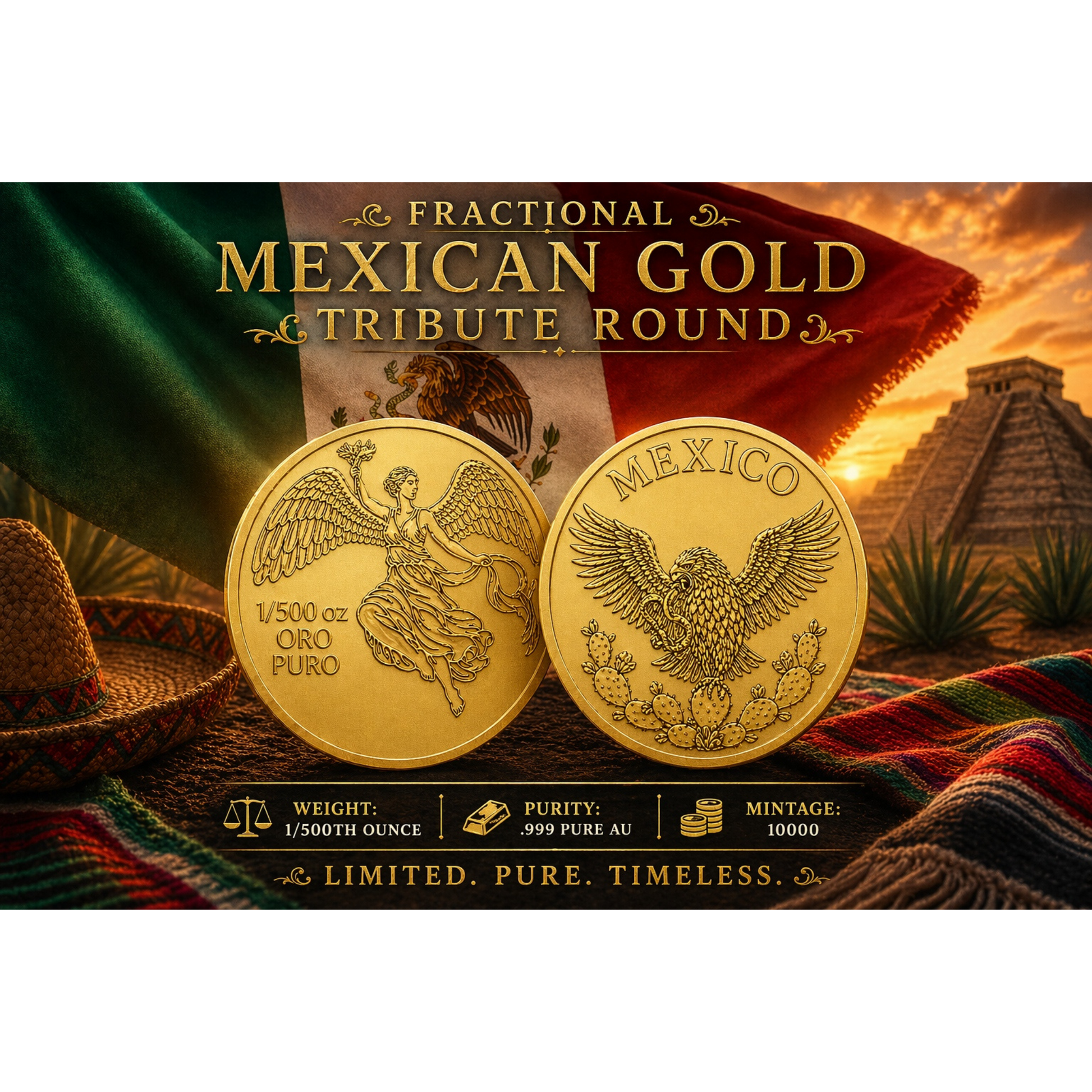 Mexican Tribute Fractional 1/500 oz Gold Round - CoinsTV