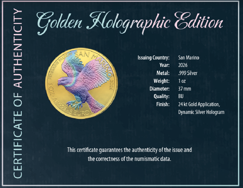 2026 San Marino Peregrine Falcon Golden Holo 1 oz Silver Coin