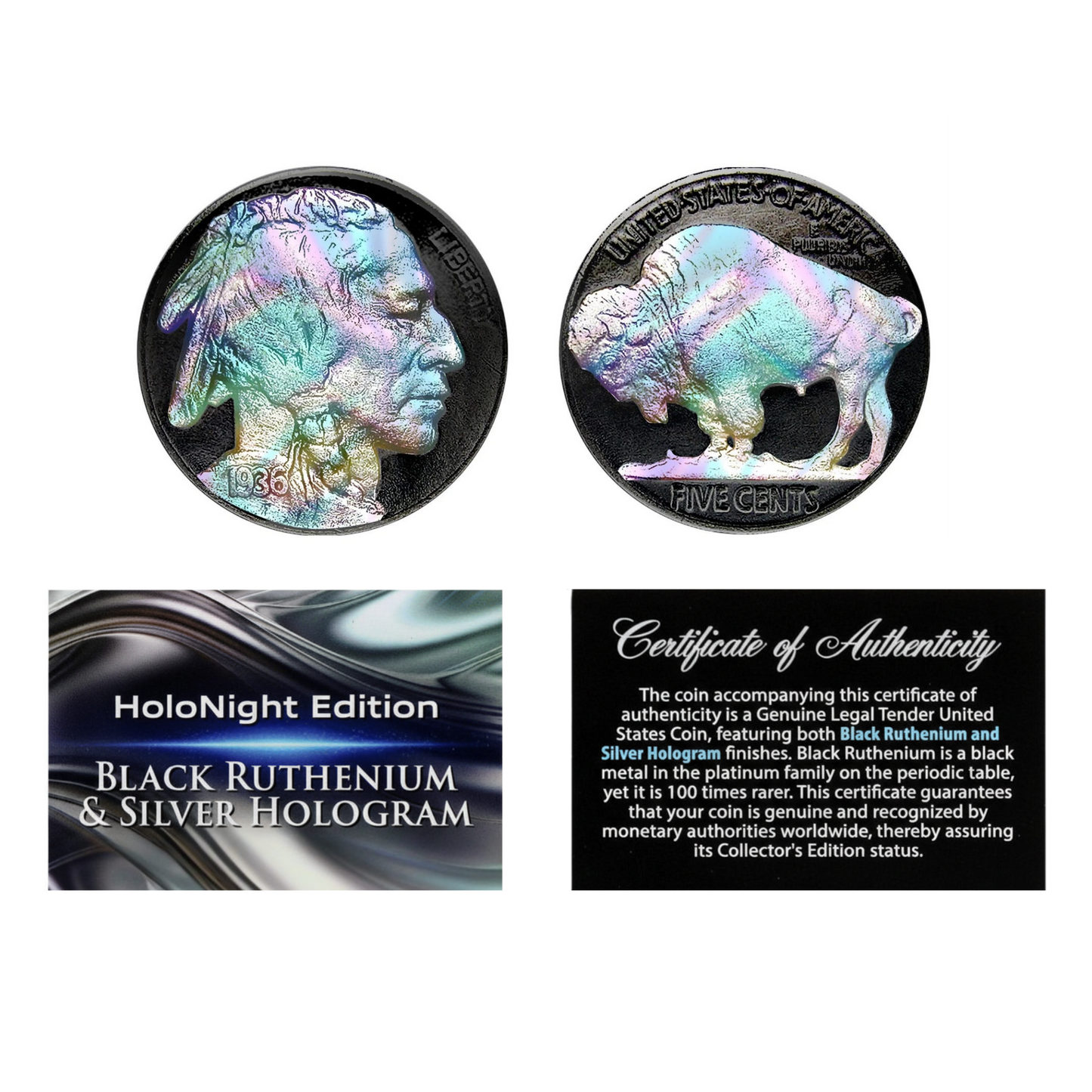 1930's Indian Head Buffalo Nickel - Black Ruthenium & Silver Hologram - HoloNight Edition