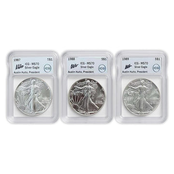 1987–1989 Silver Eagle – Austin Hutto Signature – ICG MS70 3 Piece Set