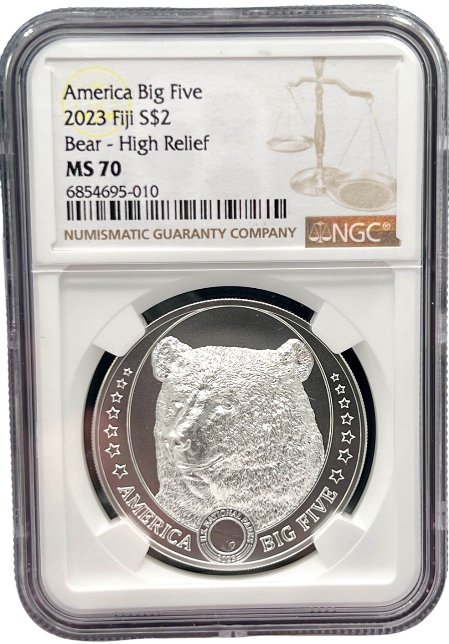 2023 Fiji America Big Five Brown Bear UHR 1 oz Silver Coin NGC MS 70 - CoinsTV