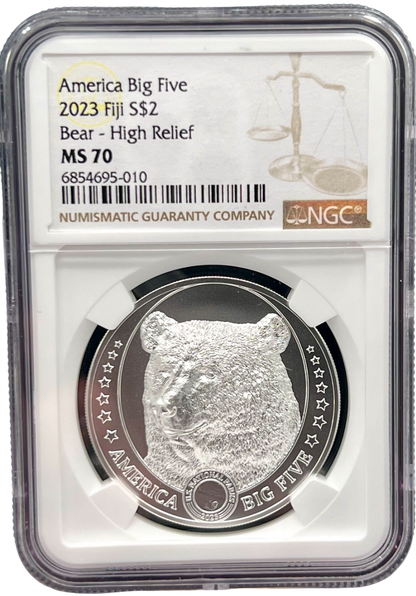2023 Fiji America Big Five Brown Bear UHR 1 oz Silver Coin NGC MS 70 - CoinsTV