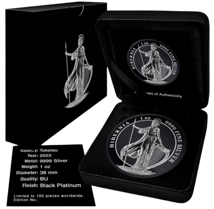 2022 Tokelau Hibernia Black Platinum Edition 1 oz Silver Coin - CoinsTV