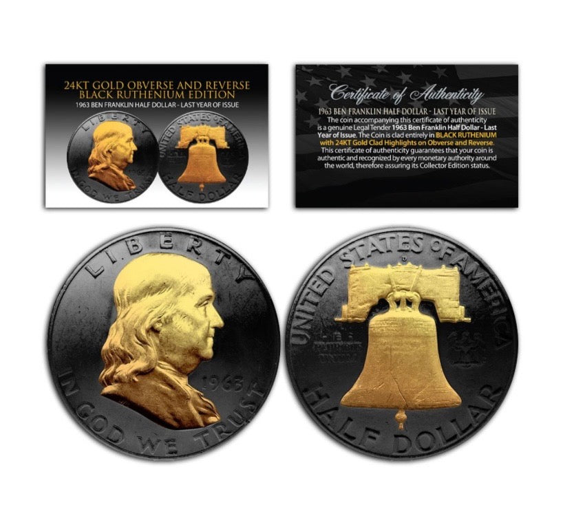 1963 Franklin Half Dollar - 90% Silver - Black Ruthenium & 24kt Gold Enhanced - CoinsTV