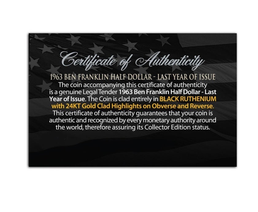 1963 Franklin Half Dollar - 90% Silver - Black Ruthenium & 24kt Gold Enhanced - CoinsTV