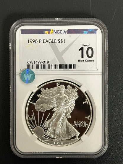 1996 P Silver Eagle - Proof - NGCX PF10 Ultra Cameo Sight White