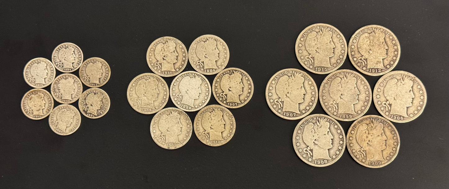 Barber Dime Quarter Half Dollar - 3 Piece Set - Collectors Quality Circulated - CoinsTV