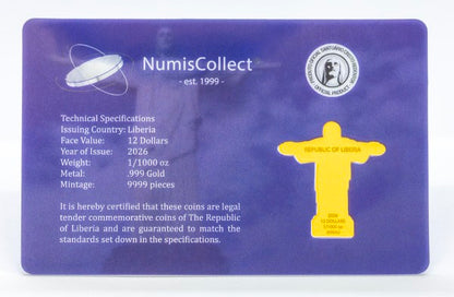 2026 Liberia Christ the Redeemer 1/1000 oz Gold Coin in Card