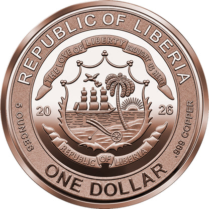 2026 Liberia Lady Justice Reverse Proof 5 oz Copper Coin
