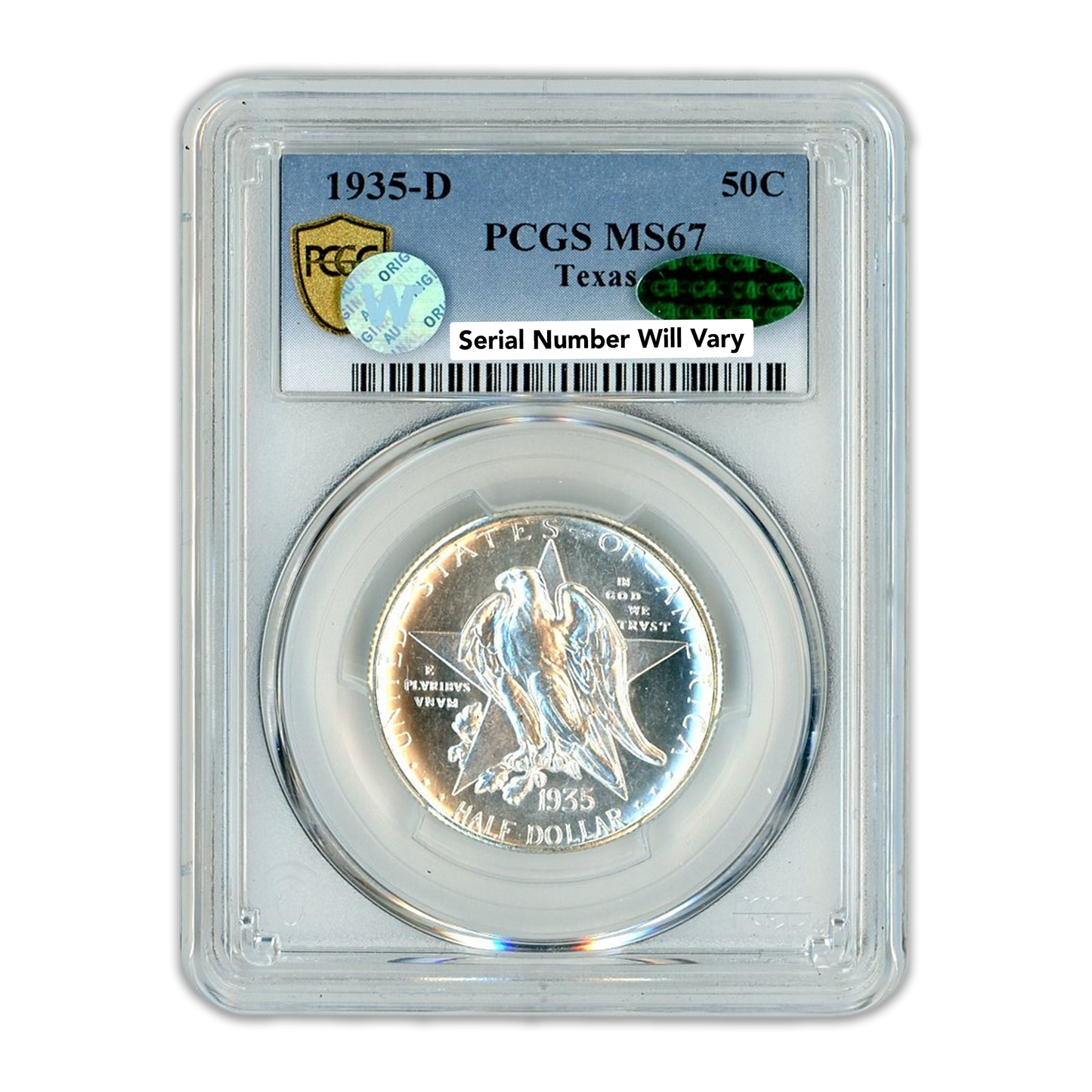 1935-D Silver Half Dollar Texas Commemorative - CAC Label - PCGS MS67 Sight White