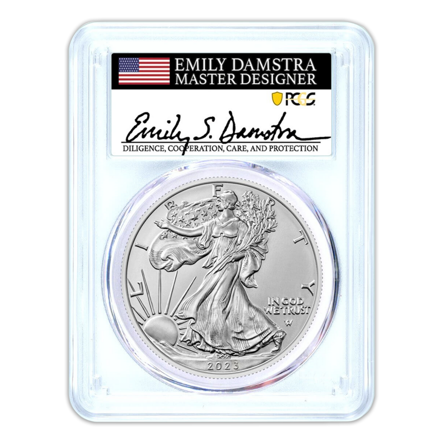 2023 Silver Eagle West Point Burnished - PCGS SP70 First Day of Issue - Emily Damstra Signature Label