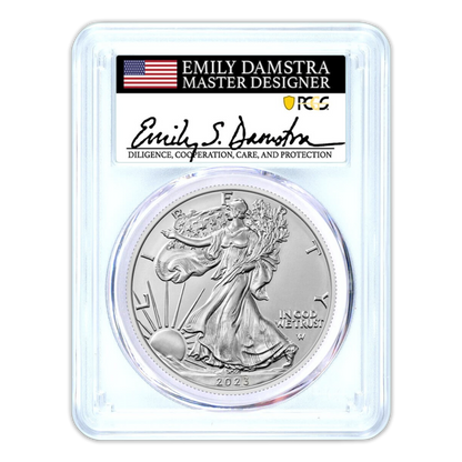 2023 Silver Eagle West Point Burnished - PCGS SP70 First Day of Issue - Emily Damstra Signature Label