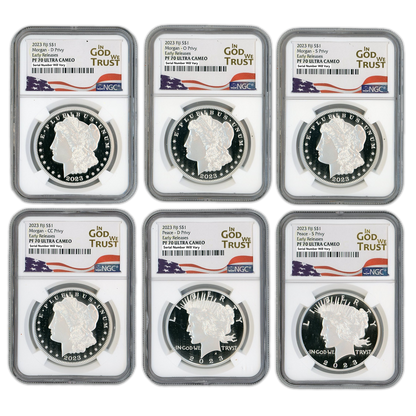 2023 Fiji Morgan & Peace Silver Dollar 6 pc Set - NGC In God We Trust Label PF70 Ultra Cameo Early Release