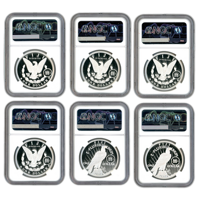 2023 Fiji Morgan & Peace Silver Dollar 6 pc Set - NGC In God We Trust Label PF70 Ultra Cameo Early Release