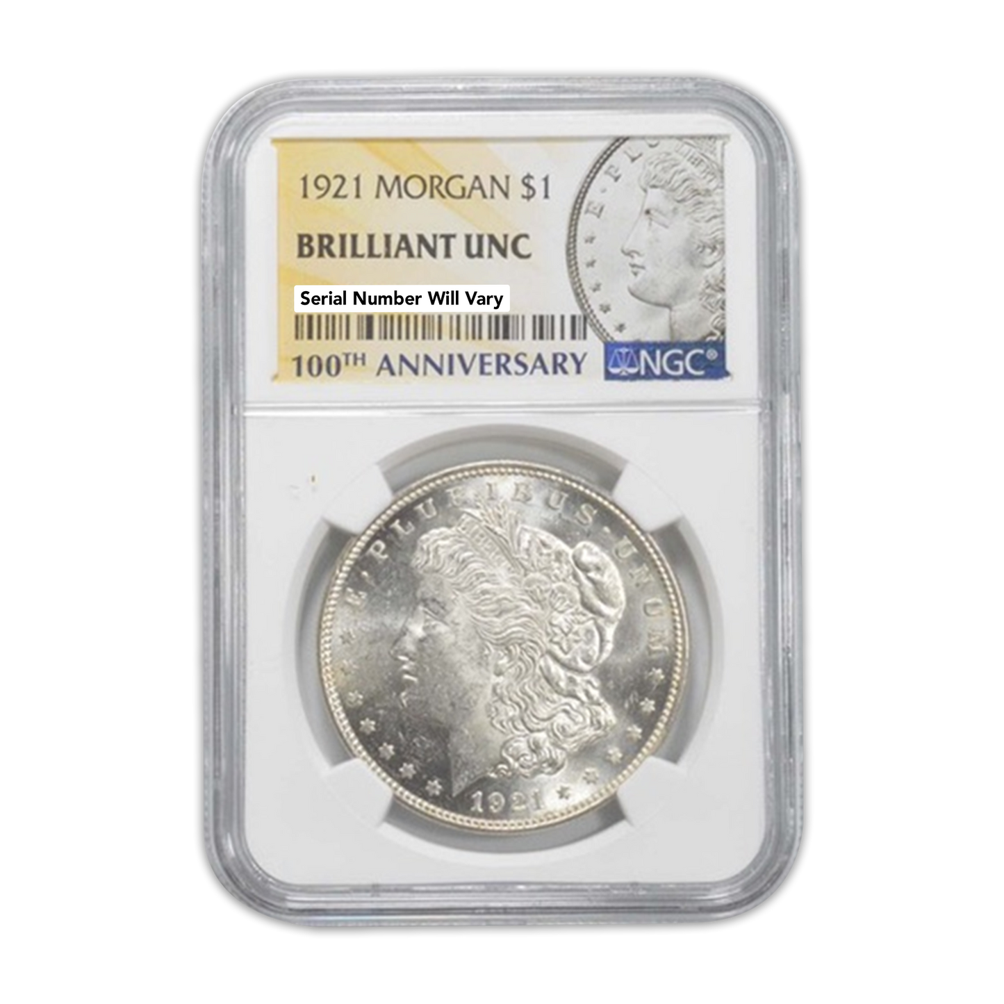 1921 Morgan Silver Dollar Philadelphia - NGC Brilliant Uncirculated 100th Year Anniversary Label