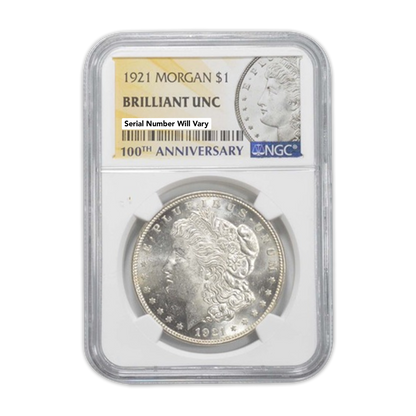 1921 Morgan Silver Dollar Philadelphia - NGC Brilliant Uncirculated 100th Year Anniversary Label