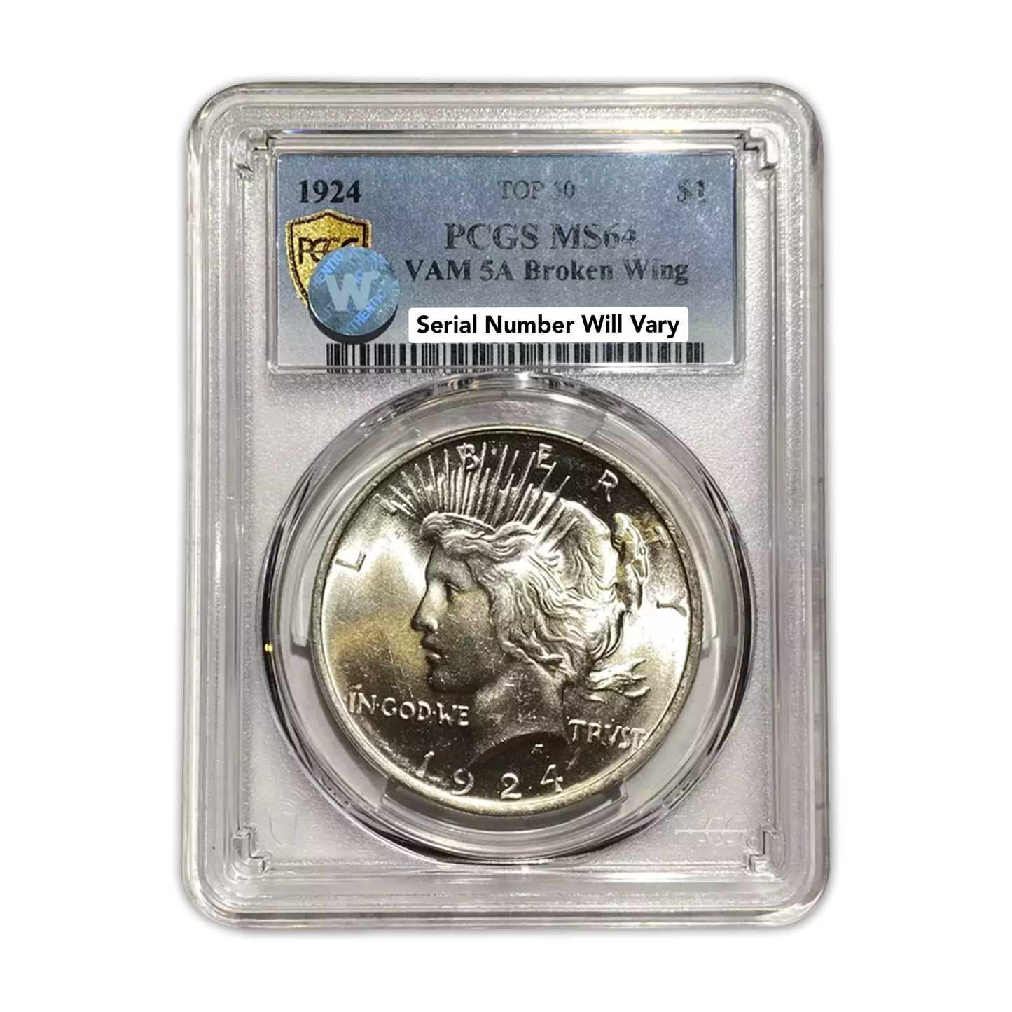 1924 Peace Silver Dollar Philadelphia - VAM 5A Broken Wing - PCGS MS64 Sight White - CoinsTV