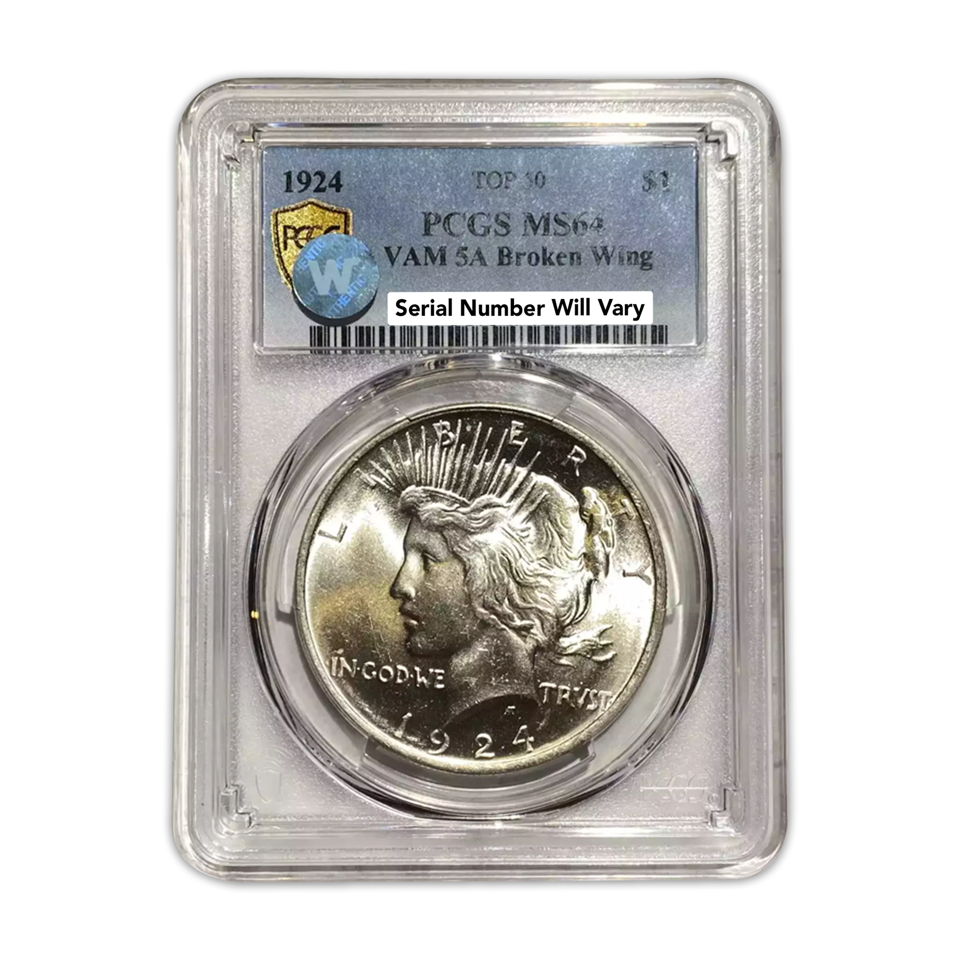 1924 Peace Silver Dollar Philadelphia - VAM 5A Broken Wing - PCGS MS64 Sight White - CoinsTV