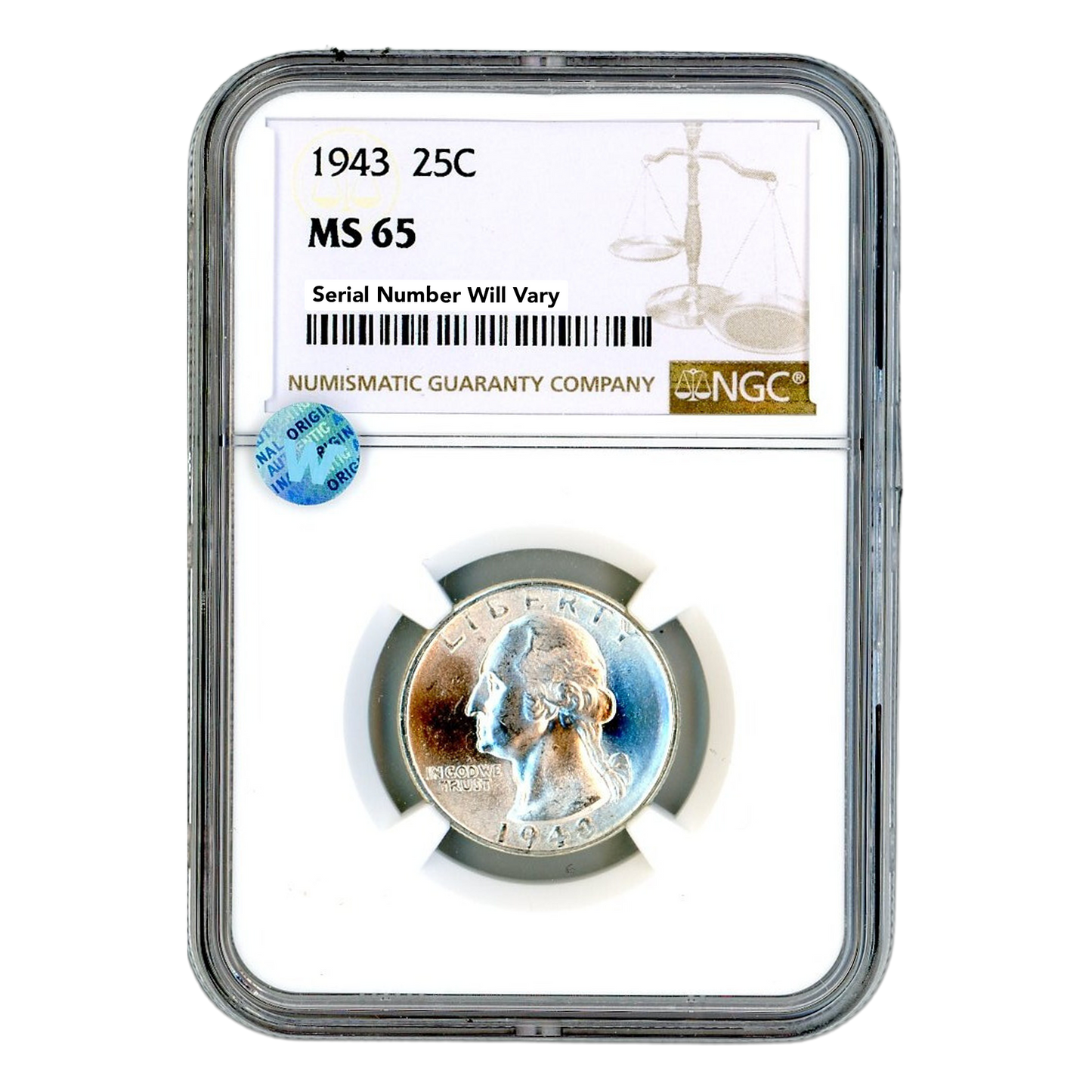 1943 Washington Silver Quarter Philadelphia - NGC MS65 Sight White