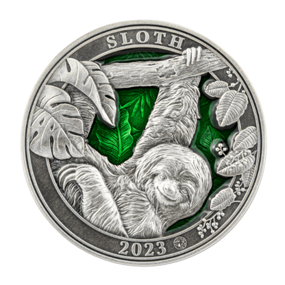 2023 3 oz Colours of Wildlife Sloth Silver - Antique Finish