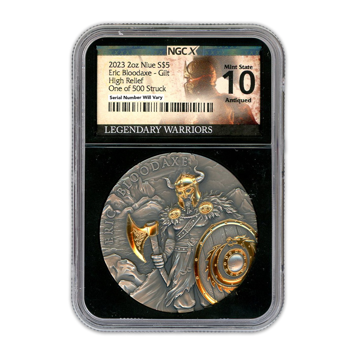2023 2 oz Niue Eric Bloodaxe High Relief and Gold Gilded Silver - NGCX MS10 Legendary  Warriors Label