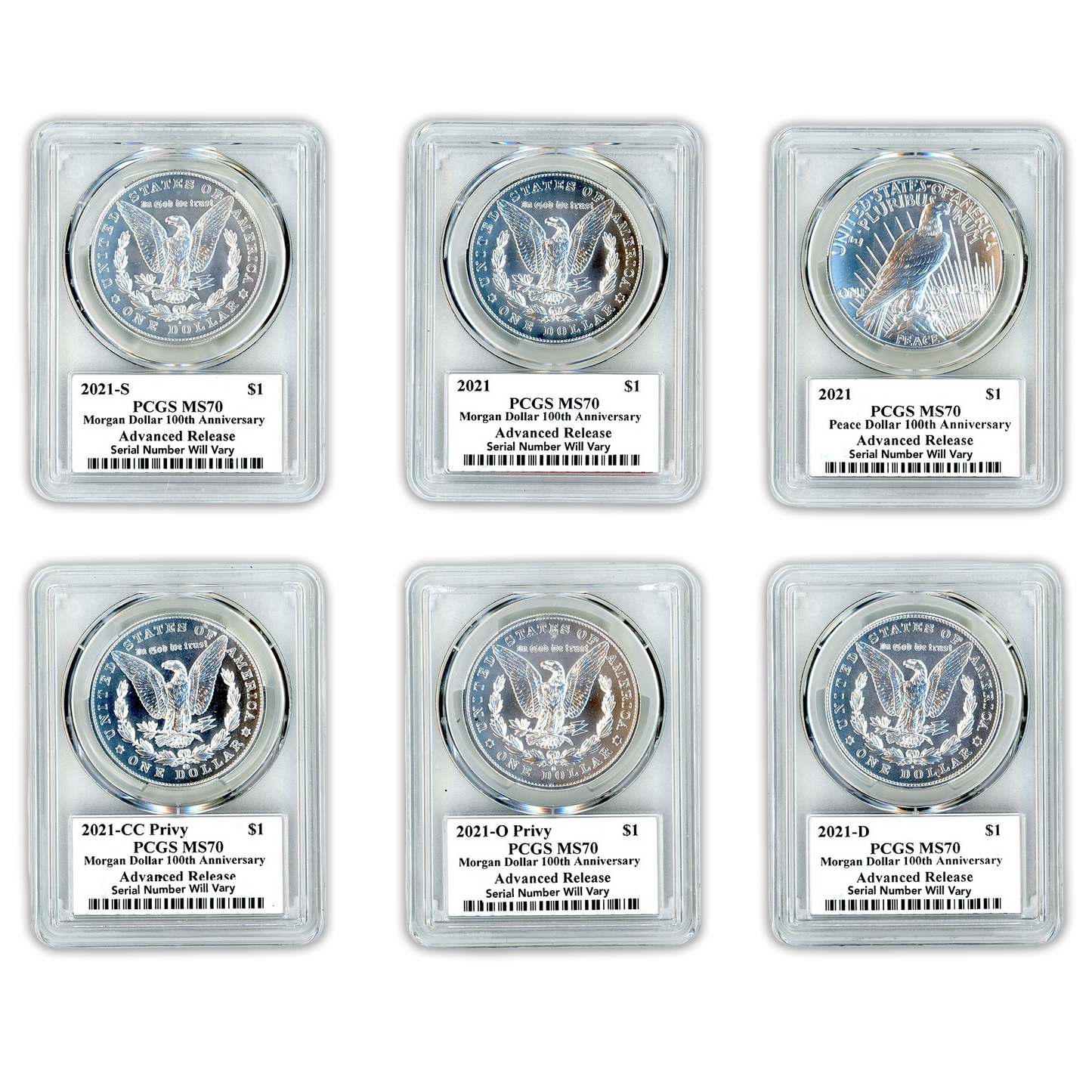 2021 Morgan Silver Dollar 6 pc Set PCGS MS70 Advanced Release Cleveland Label