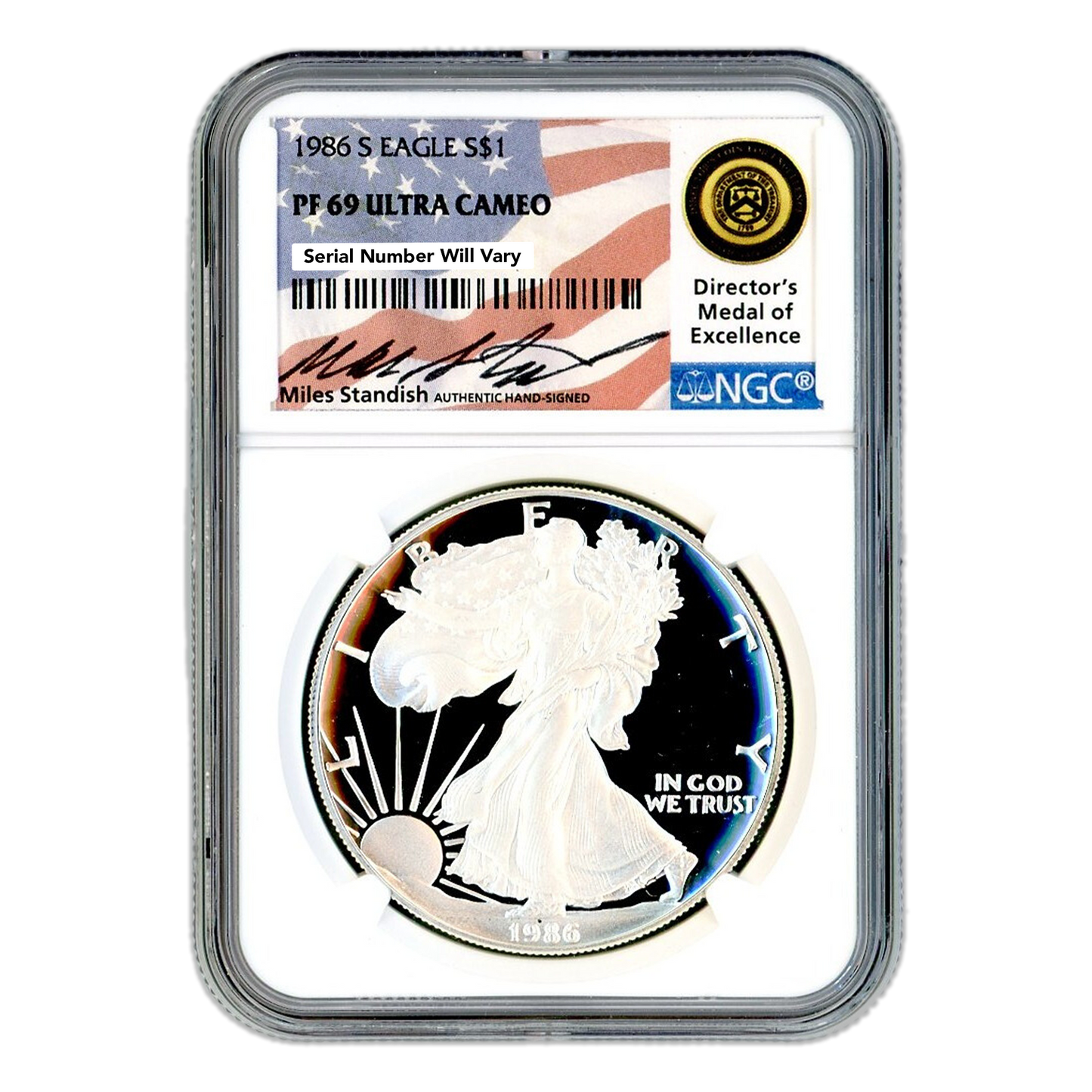 1986 Silver Eagle - NGC PF69 Ultra Cameo Miles Standish Label - CoinsTV