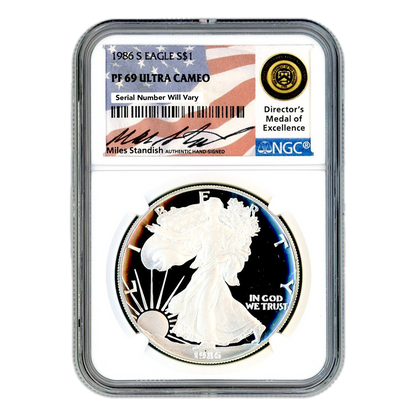 1986 Silver Eagle - NGC PF69 Ultra Cameo Miles Standish Label - CoinsTV