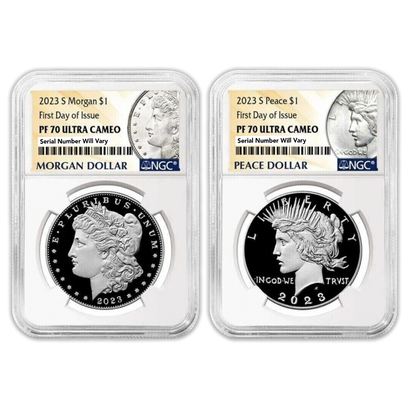 2023 Morgan & Peace Dollar 2 pc - Ultra Cameo - NGC PF70 First Day of Issue Set