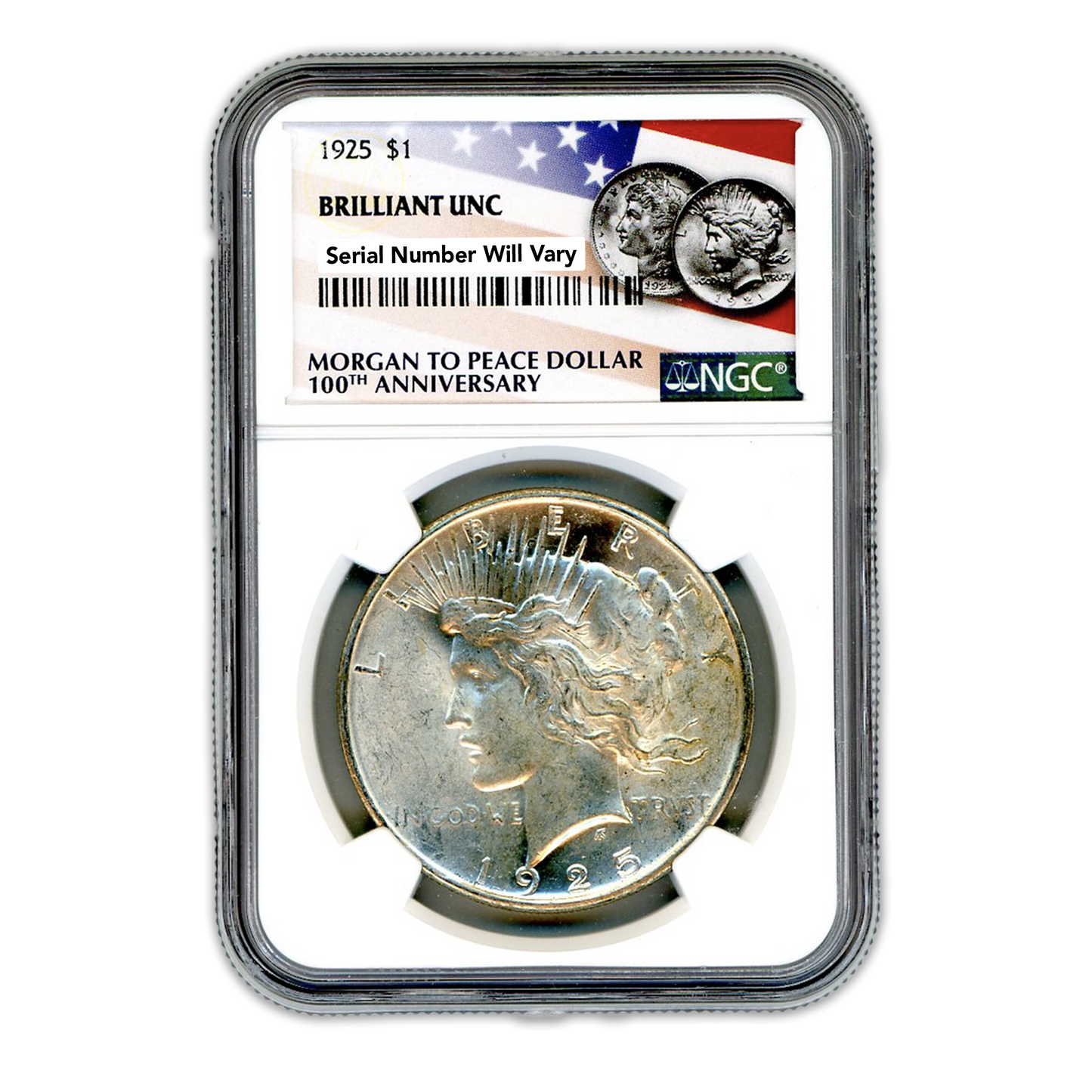1925 Peace Silver Dollar - Morgan to Peace Dollar 100 Year Anniversary Label - NGC Brilliant Uncirculated