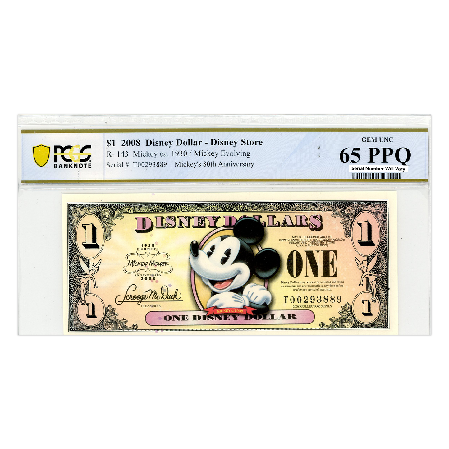 2008 Disney Dollar - Mickey ca. 1930/ Mickey Evolving - PCGS 65 PPQ GEM UNC