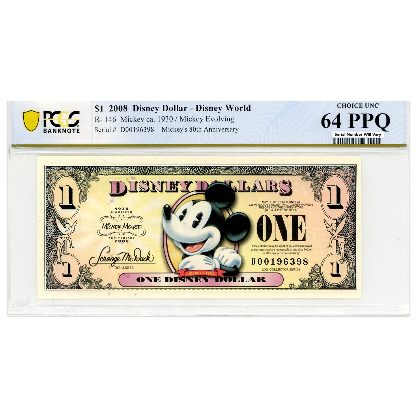 2008 Disney Dollar - Mickey ca. 1930/ Mickey Evolving - PCGS 64 PPQ Choice UNC