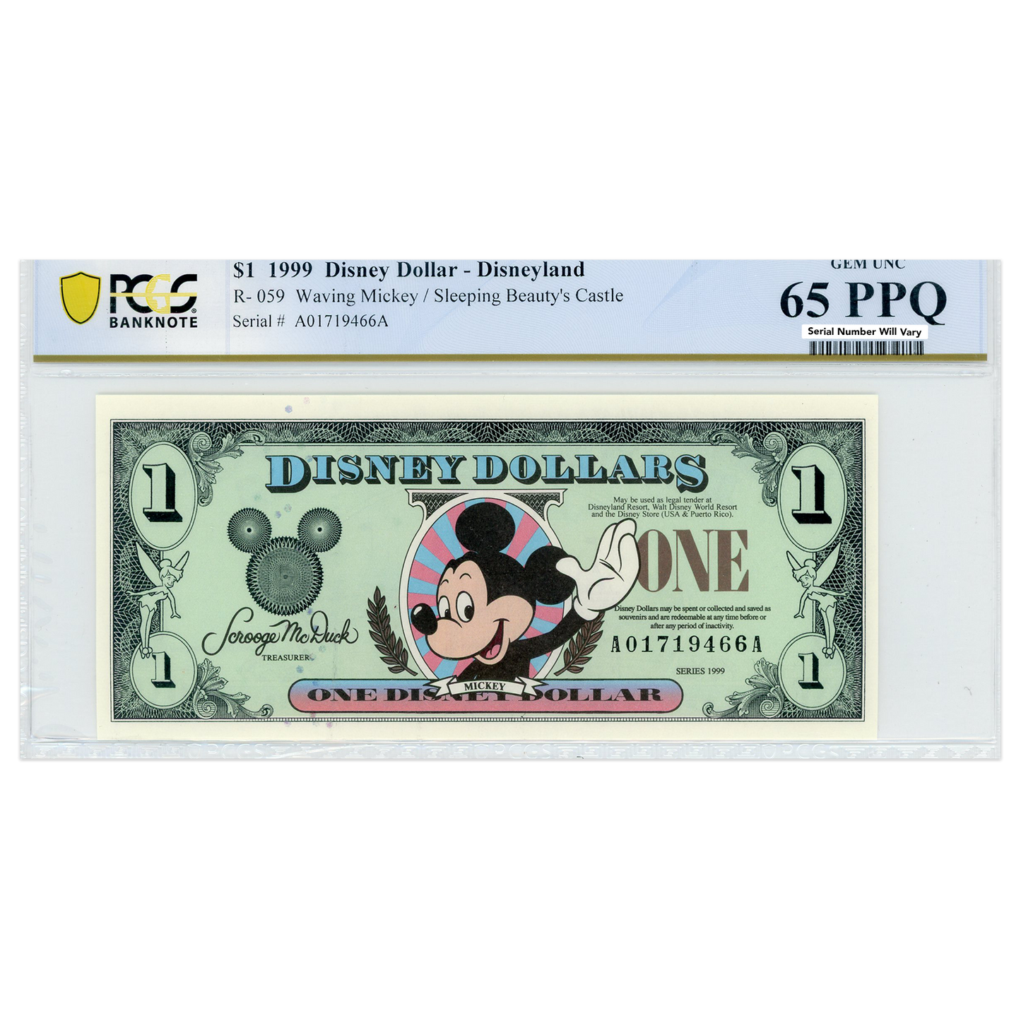 1999 Disney Dollar - Waving Mickey/Sleeping Beauty's Castle - PCGS 65 PPQ  GEM UNC