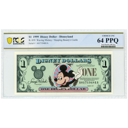 1999 Disney Dollar - Waving Mickey/Sleeping Beauty's Castle - PCGS 64 PPQ Choice UNC