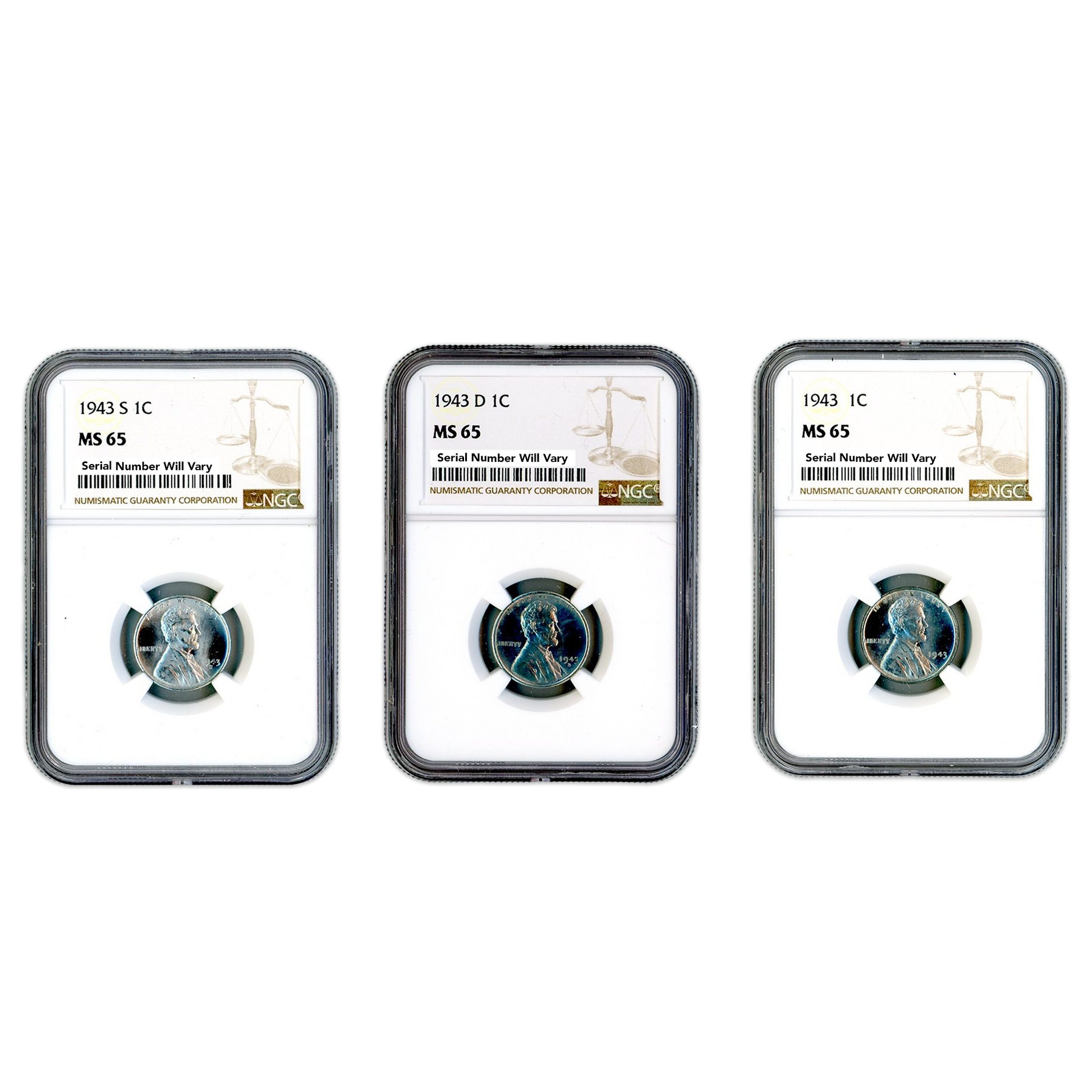 1943 Lincoln Steel Cent P/D/S 3 pc Set- NGC MS65 - CoinsTV