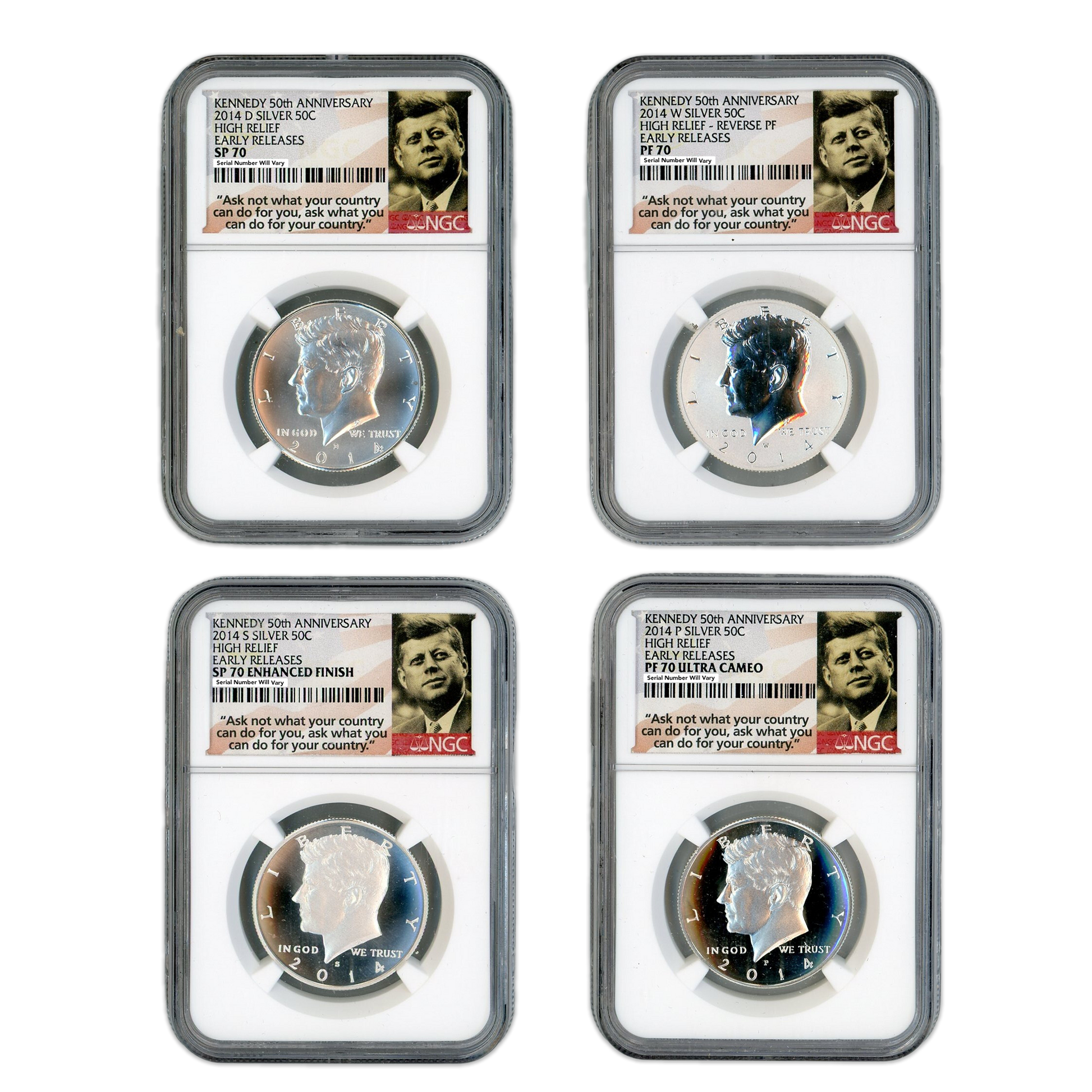 2014 Kennedy Silver Half Dollars - High Relief Early Releases - 4 pc Anniversary Set - NGC PF70 - CoinsTV