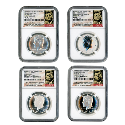 2014 Kennedy Silver Half Dollars - High Relief Early Releases - 4 pc Anniversary Set - NGC PF70 - CoinsTV