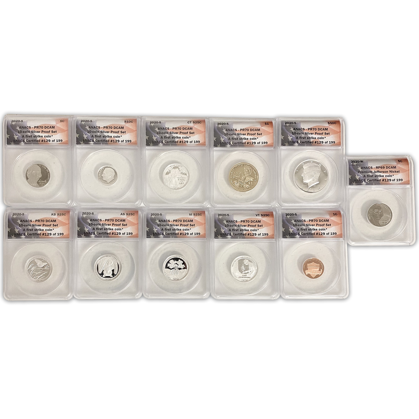 2020 Silver Proof Set - ANACS PR70 - 10 Coin Set Plus Bonus RP69 Jefferson Nickel