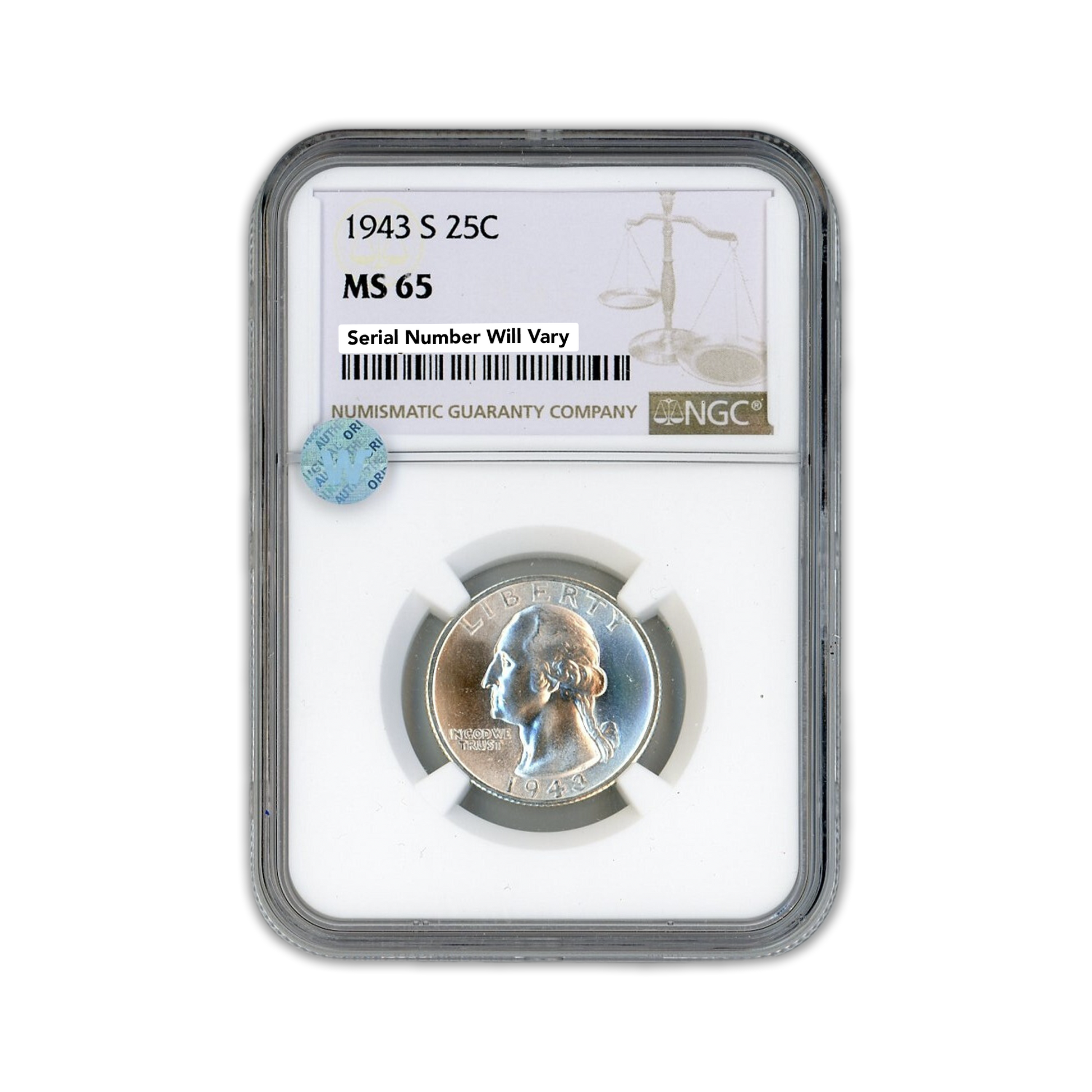 1943 S Washington Silver Quarter - NGC MS65 Sight White - CoinsTV