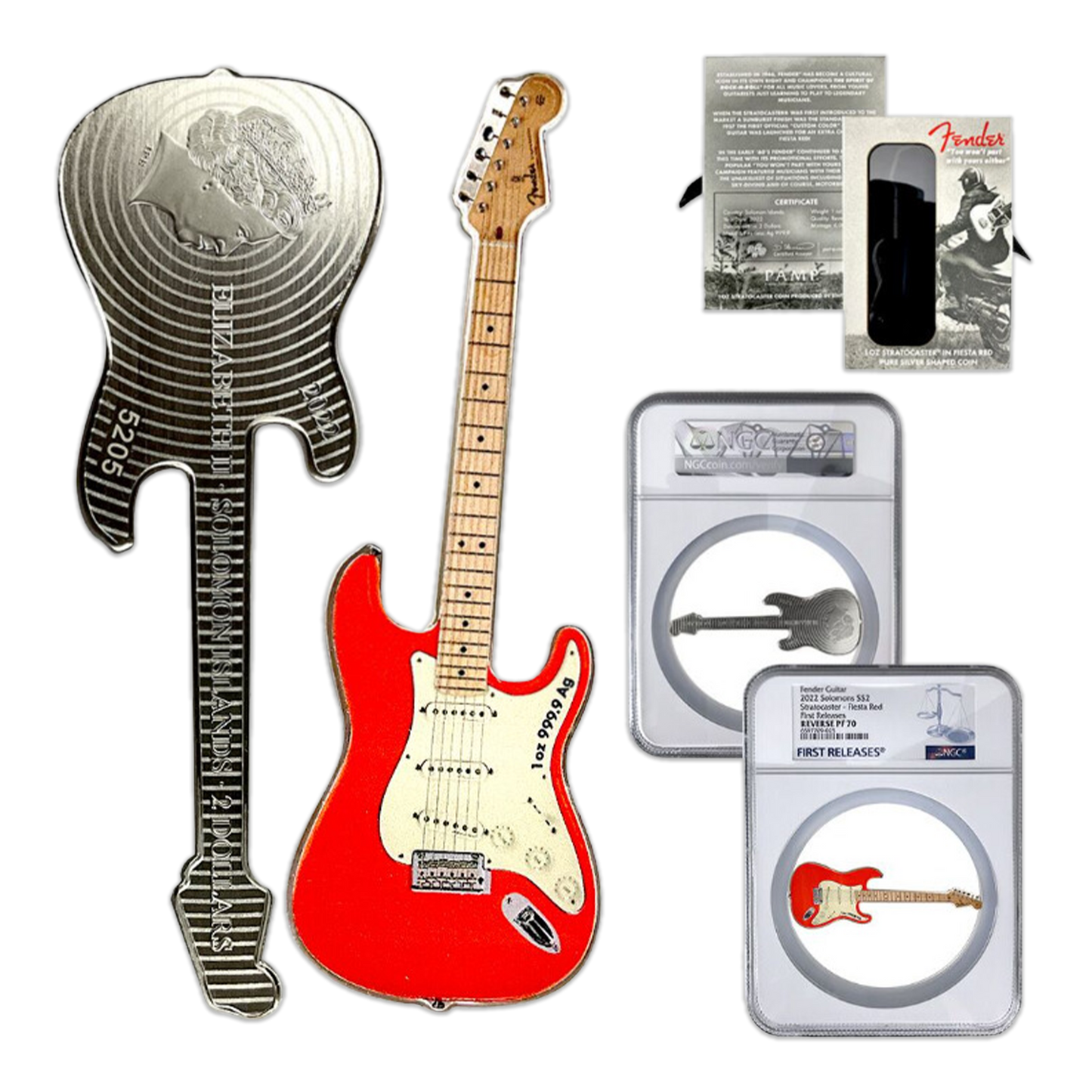 2022 1 oz Fender Stratocaster Guitar Silver - Fiesta Red - NGC Reverse PF70 First Releases - CoinsTV