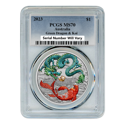2023 1 oz Australian Chinese Myths and Legends - Green Dragon and Koi - PCGS MS70