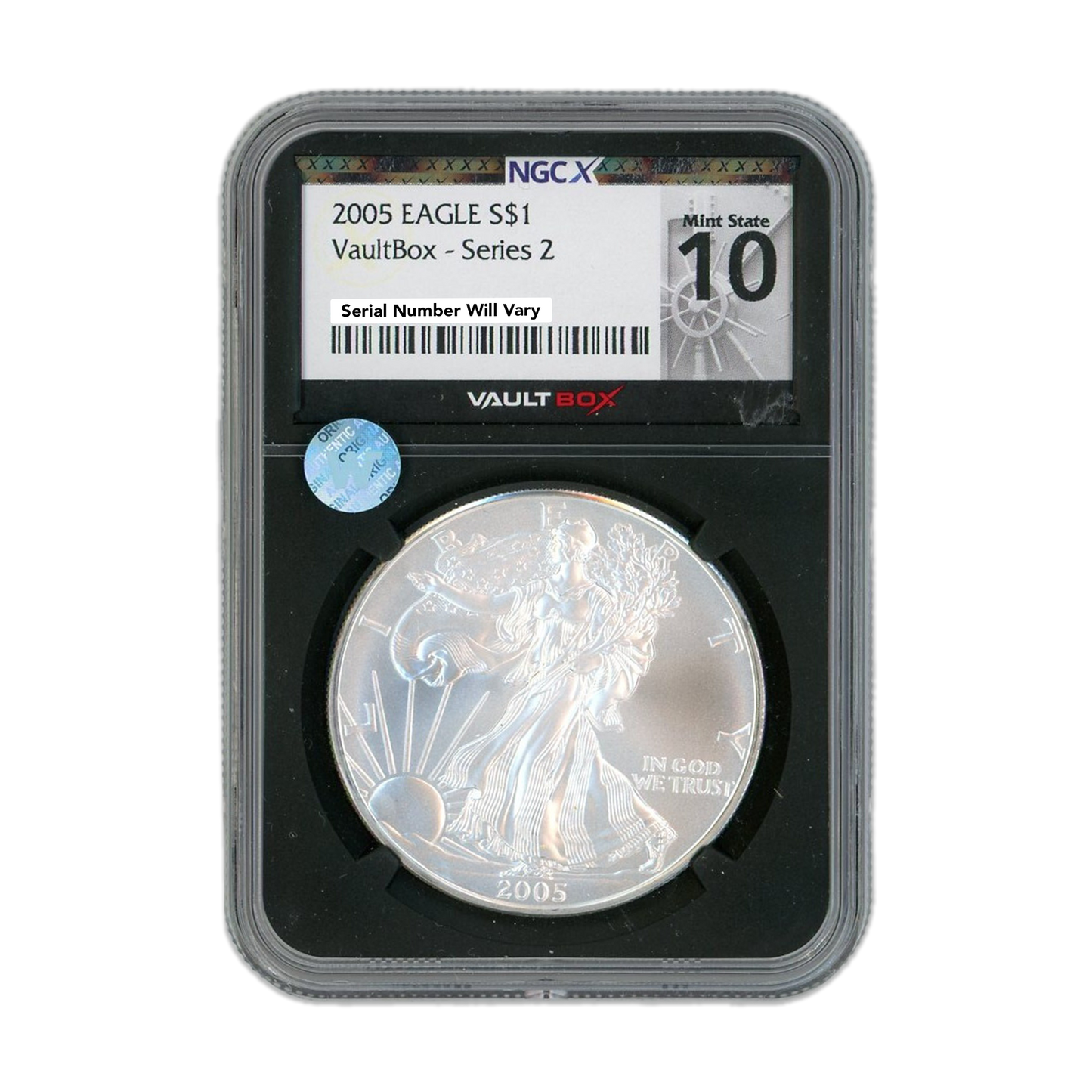 2005 Silver Eagle - Vault Box Series 2 - NGCX Mint State 10 Sight White - CoinsTV