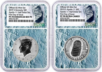 2019 S Apollo 11 50th Anniversary Kennedy & Moon Core with Mission Patch Half Dollar - 2 pcs Set - NGC PF70 First Day of Issue