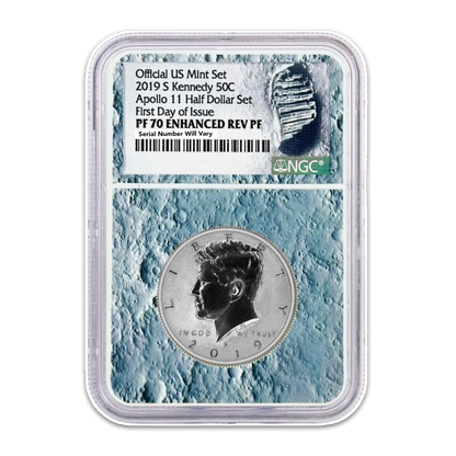 2019 S Apollo 11 50th Anniversary Kennedy & Moon Core with Mission Patch Half Dollar - 2 pcs Set - NGC PF70 First Day of Issue