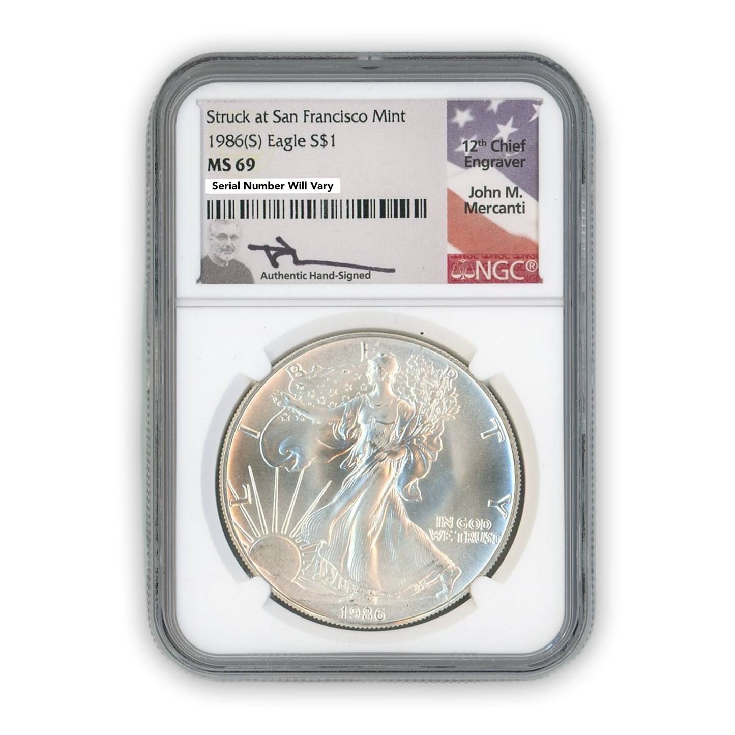 1986 Silver Eagle San Francisco - Business Strike - NGC MS69 Mercanti Label - CoinsTV