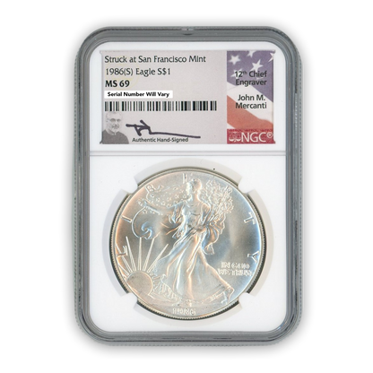 1986 Silver Eagle San Francisco - Business Strike - NGC MS69 Mercanti Label - CoinsTV
