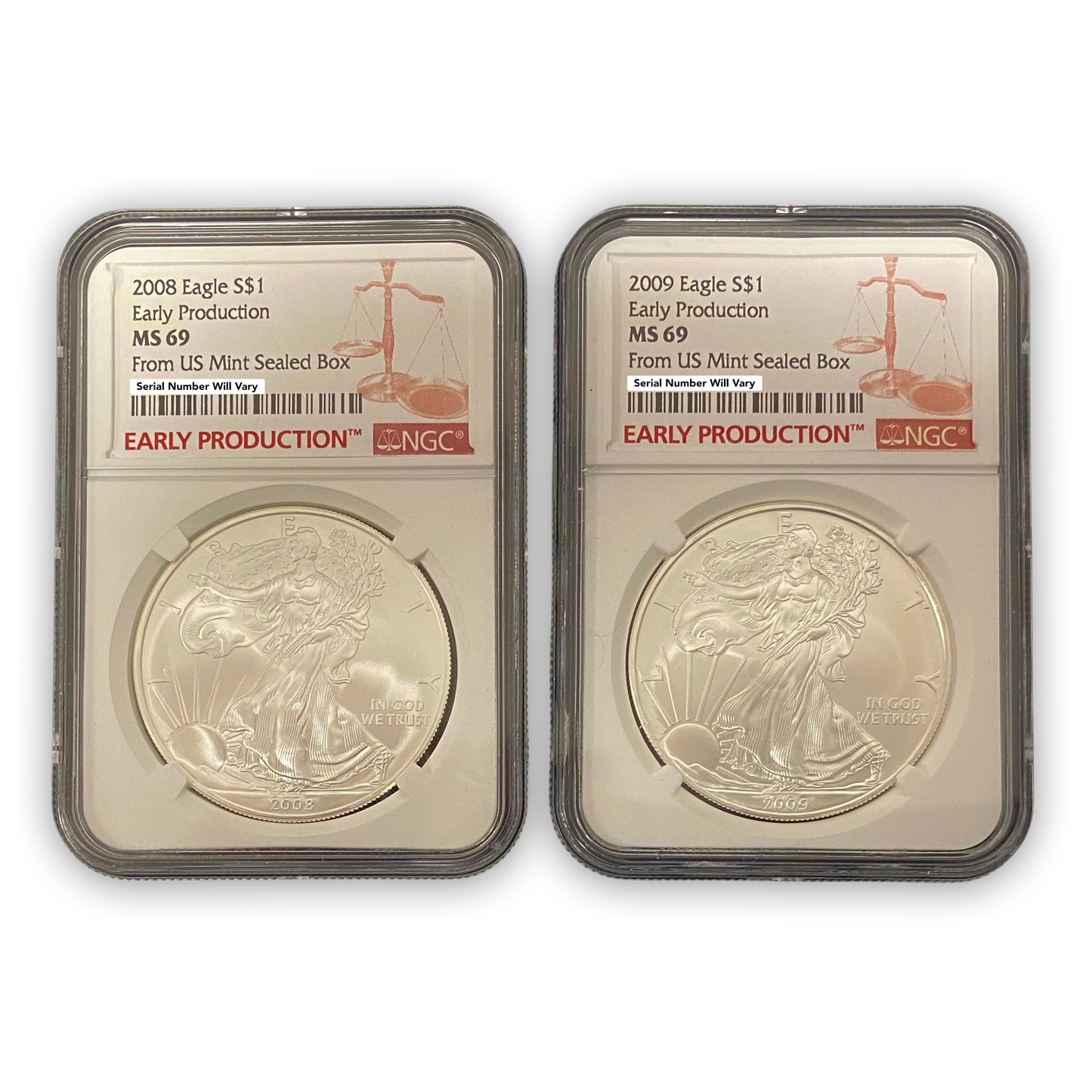 2008 & 2009 Silver Eagle 2 pc Set - Early Production - NGC MS69 US Mint Sealed Box
