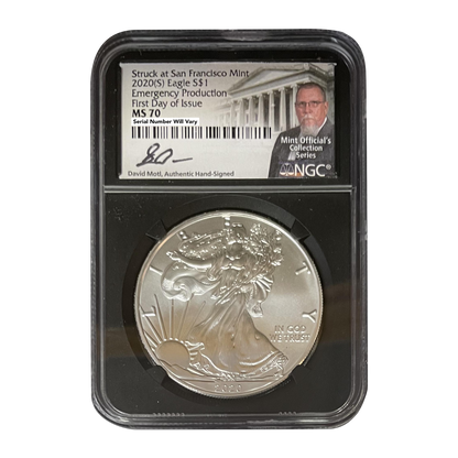 2020 S Silver Eagle NGC MS70 First Day of Issue Motl Signature