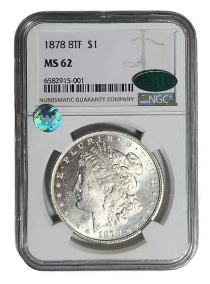1878 Morgan Silver Dollar 8 Tailfeather - CAC - NGC MS62 Sight White